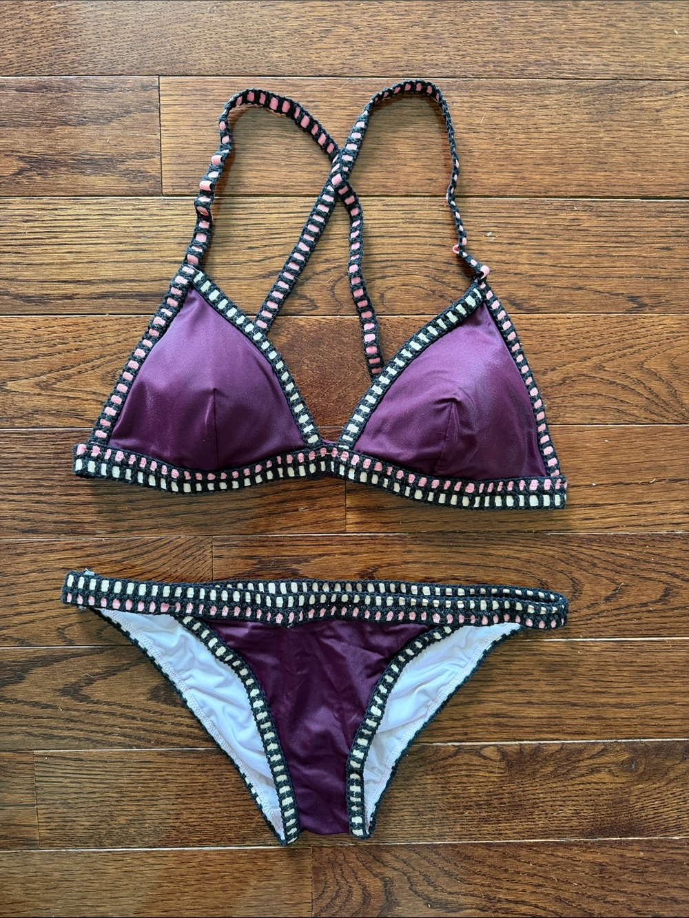 Victoria's Secret Plum and Light Pink Bikini Bottom with Black Crochet Trim